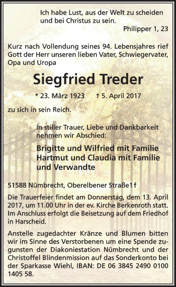 Anzeige von Siegfried Treder von  Lokalanzeiger 