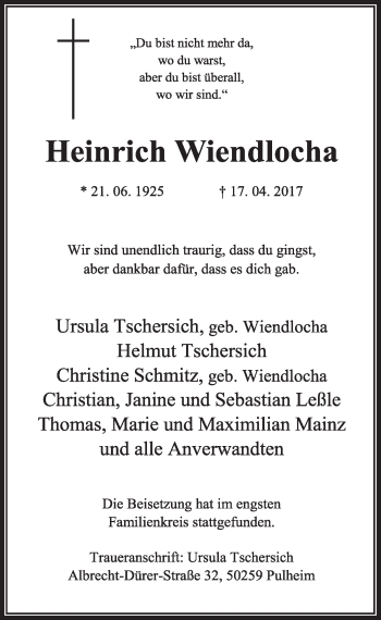 Anzeige von Heinrich Wiendlocha von  Sonntags-Post 