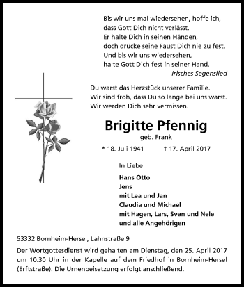 Anzeige von Brigitte Pfennig von Kölner Stadt-Anzeiger / Kölnische Rundschau / Express
