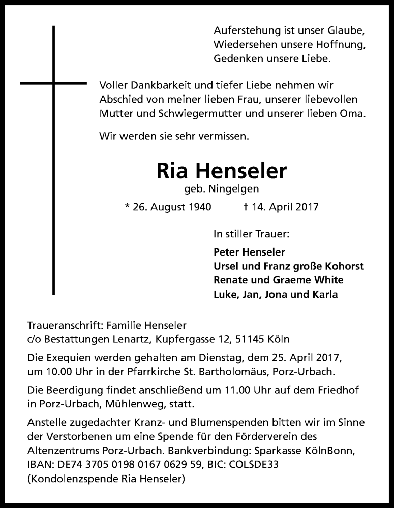  Traueranzeige für Ria Henseler vom 24.04.2017 aus Kölner Stadt-Anzeiger / Kölnische Rundschau / Express