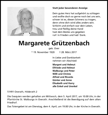 Anzeige von Margarete Grützenbach von Kölner Stadt-Anzeiger / Kölnische Rundschau / Express
