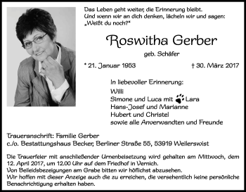 Anzeige von Roswitha Gerber von Kölner Stadt-Anzeiger / Kölnische Rundschau / Express