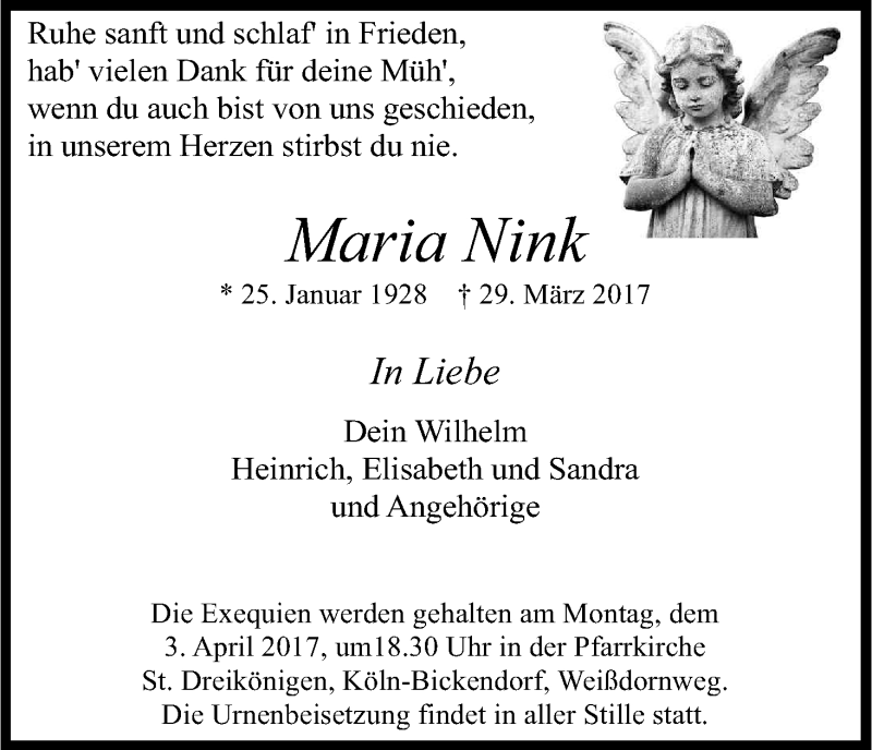  Traueranzeige für Maria Nink vom 01.04.2017 aus Kölner Stadt-Anzeiger / Kölnische Rundschau / Express