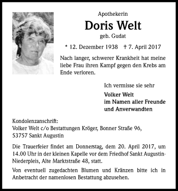 Anzeige von Doris Welt von Kölner Stadt-Anzeiger / Kölnische Rundschau / Express