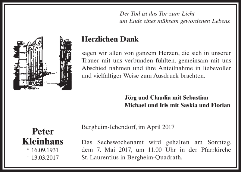  Traueranzeige für Peter Kleinhans vom 29.04.2017 aus  Sonntags-Post 