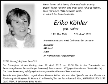 Anzeige von Erika Köhler von Kölner Stadt-Anzeiger / Kölnische Rundschau / Express