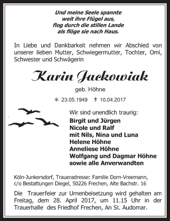 Anzeige von Karin Jackowiak von  Wochenende  Kölner Wochenspiegel 