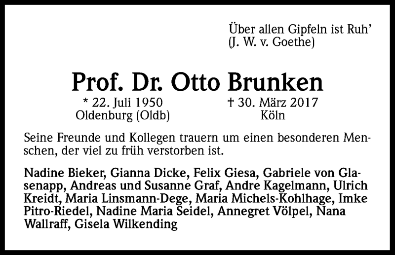  Traueranzeige für Otto Brunken vom 08.04.2017 aus Kölner Stadt-Anzeiger / Kölnische Rundschau / Express