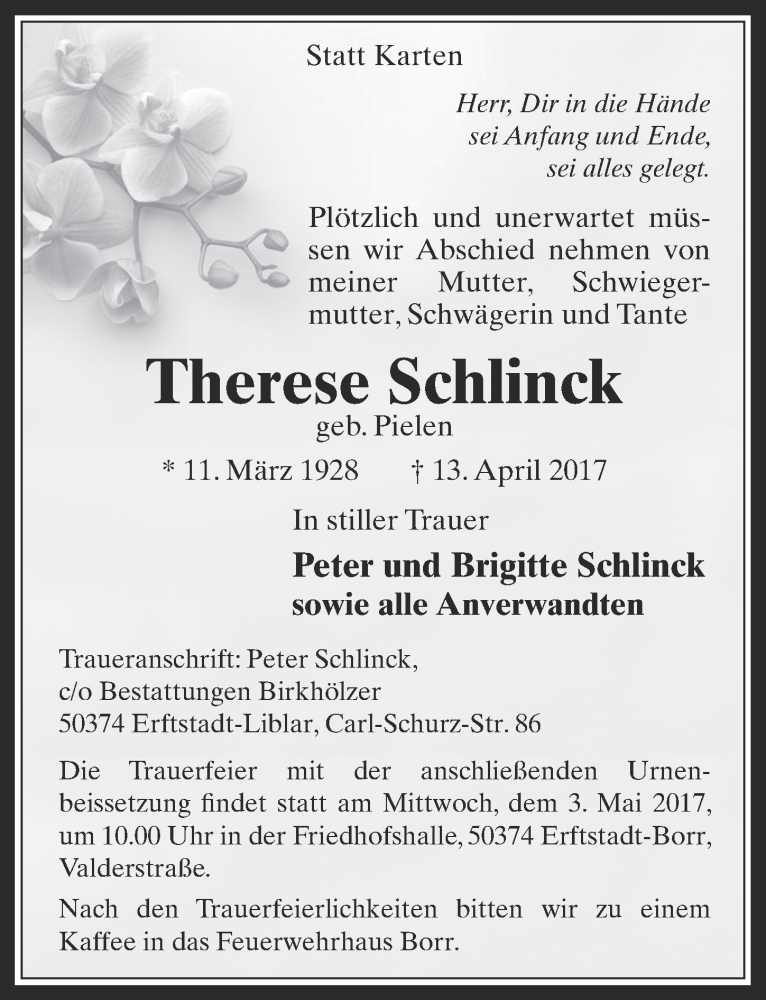  Traueranzeige für Therese Schlinck vom 26.04.2017 aus  Werbepost 
