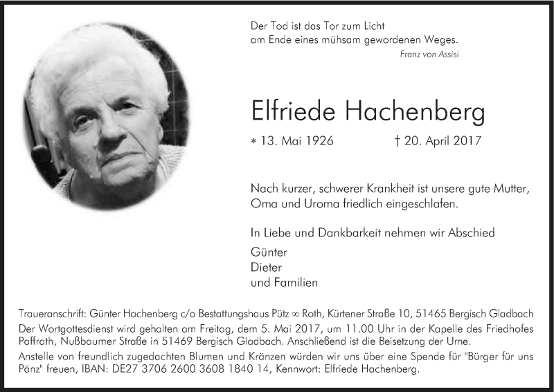  Traueranzeige für Elfriede Hachenberg vom 29.04.2017 aus Kölner Stadt-Anzeiger / Kölnische Rundschau / Express