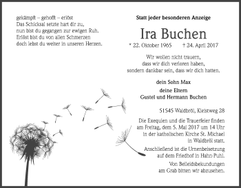 Anzeige von Ira Buchen von Kölner Stadt-Anzeiger / Kölnische Rundschau / Express
