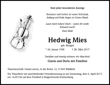 Anzeige von Hedwig Mies von Kölner Stadt-Anzeiger / Kölnische Rundschau / Express