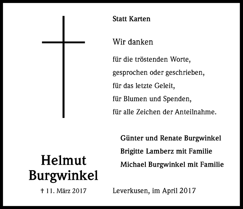  Traueranzeige für Helmut Burgwinkel vom 29.04.2017 aus Kölner Stadt-Anzeiger / Kölnische Rundschau / Express