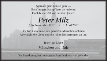 Anzeige von Peter Milz von  Lokalanzeiger 