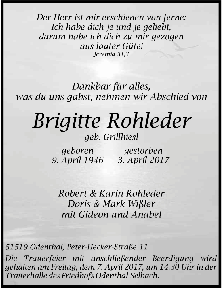  Traueranzeige für Brigitte Rohleder vom 06.04.2017 aus Kölner Stadt-Anzeiger / Kölnische Rundschau / Express