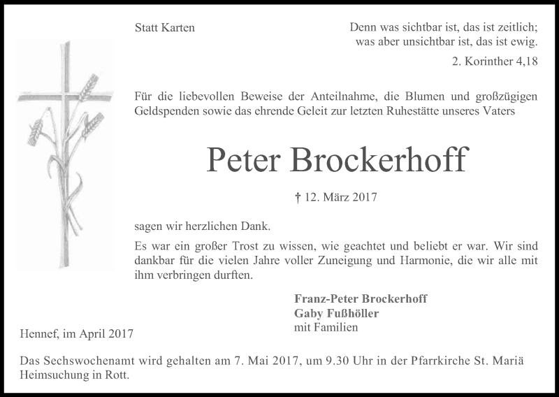  Traueranzeige für Peter Brockerhoff vom 15.04.2017 aus Kölner Stadt-Anzeiger / Kölnische Rundschau / Express