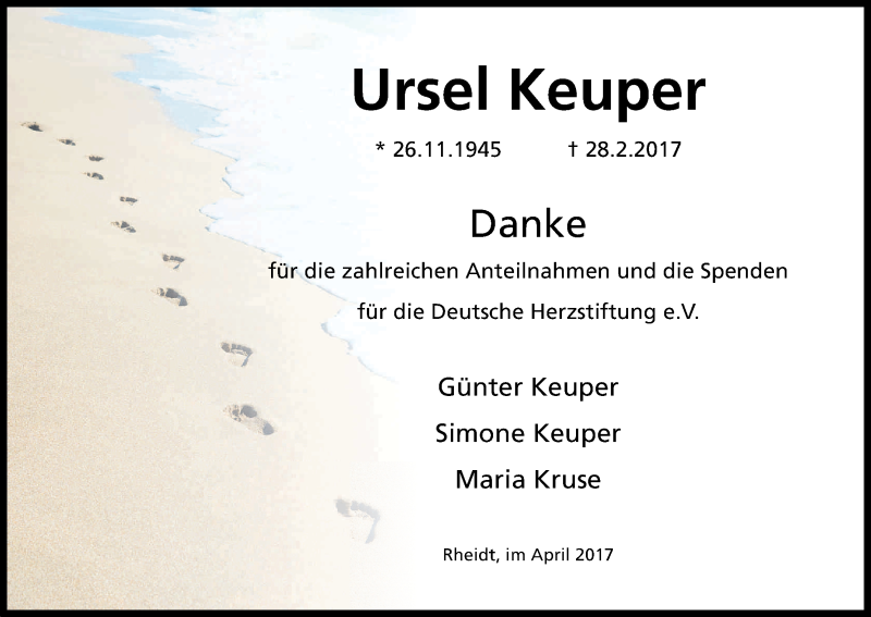  Traueranzeige für Ursel Keuper vom 22.04.2017 aus Kölner Stadt-Anzeiger / Kölnische Rundschau / Express