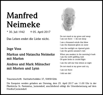 Anzeige von Manfred Neimeke von Kölner Stadt-Anzeiger / Kölnische Rundschau / Express