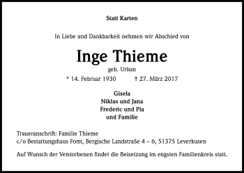 Anzeige von Inge Thieme von Kölner Stadt-Anzeiger / Kölnische Rundschau / Express