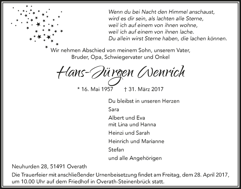  Traueranzeige für Hans-Jürgen Wenrich vom 19.04.2017 aus  Bergisches Handelsblatt 