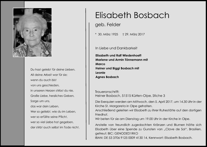  Traueranzeige für Elisabeth Bosbach vom 01.04.2017 aus Kölner Stadt-Anzeiger / Kölnische Rundschau / Express