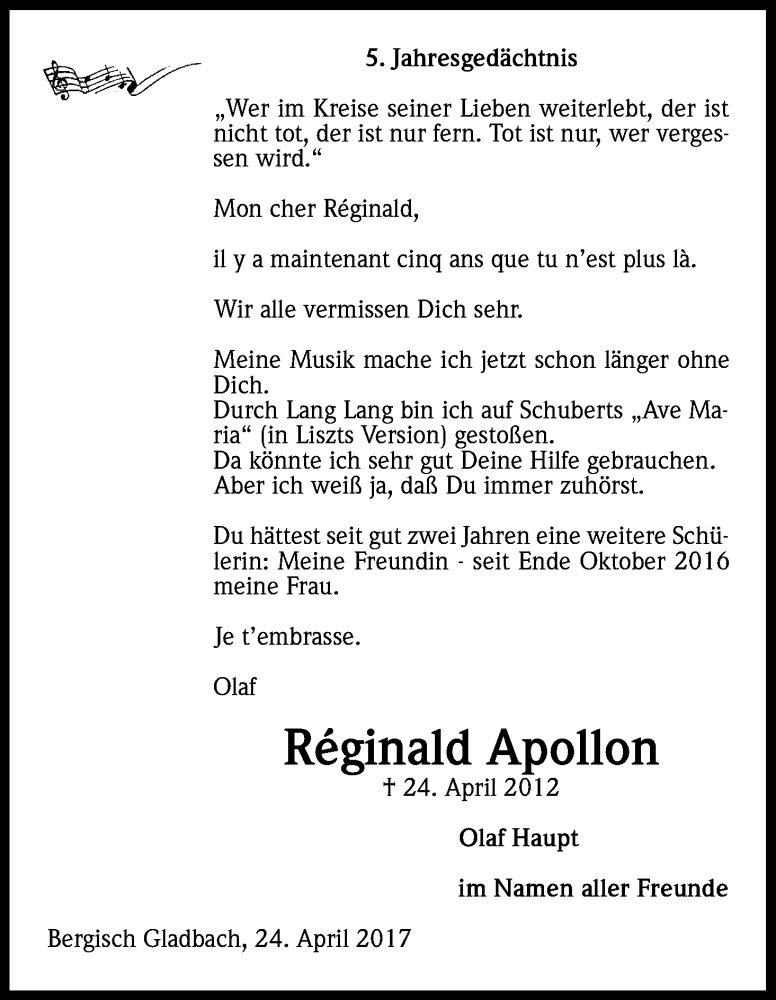  Traueranzeige für Reginald Apollon vom 29.04.2017 aus Kölner Stadt-Anzeiger / Kölnische Rundschau / Express