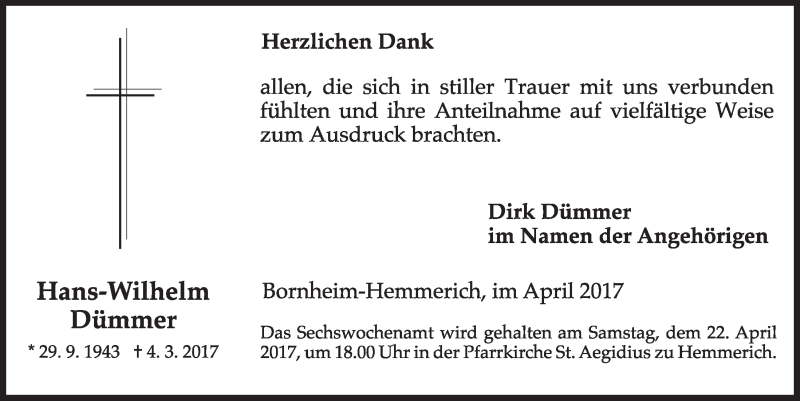  Traueranzeige für Hans-Wilhelm Dümmer vom 12.04.2017 aus  Schlossbote/Werbekurier 