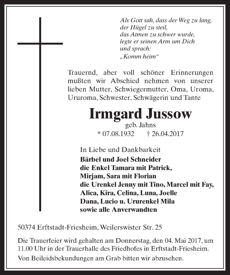  Traueranzeige für Irmgard Jussow vom 29.04.2017 aus  Sonntags-Post 