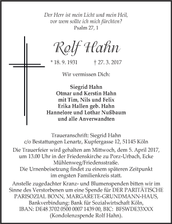 Anzeige von Rolf Hahn von  Kölner Wochenspiegel 
