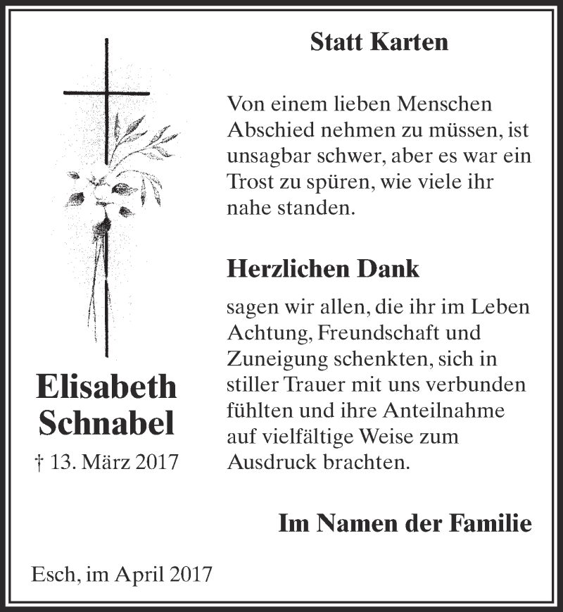  Traueranzeige für Elisabeth Schnabel vom 22.04.2017 aus  Sonntags-Post 