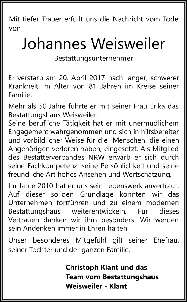  Traueranzeige für Johannes Weisweiler vom 22.04.2017 aus Kölner Stadt-Anzeiger / Kölnische Rundschau / Express