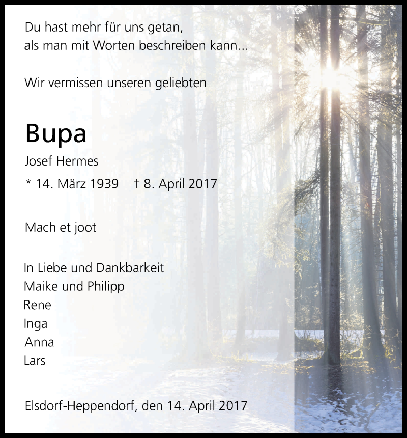  Traueranzeige für Josef Hermes vom 22.04.2017 aus Kölner Stadt-Anzeiger / Kölnische Rundschau / Express