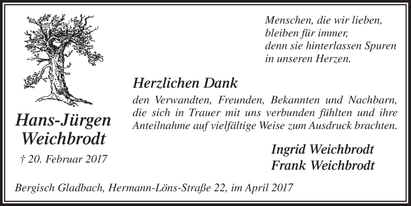  Traueranzeige für Hans-Jürgen Weichbrodt vom 05.04.2017 aus  Bergisches Handelsblatt 