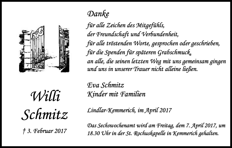  Traueranzeige für Willi Schmitz vom 01.04.2017 aus Kölner Stadt-Anzeiger / Kölnische Rundschau / Express