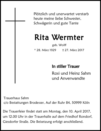 Anzeige von Rita Wermter von  Kölner Wochenspiegel 