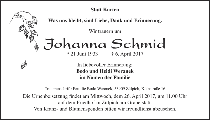  Traueranzeige für Johanna Schmid vom 22.04.2017 aus  Blickpunkt Euskirchen 