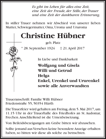 Anzeige von Christine Hübner von  Sonntags-Post 