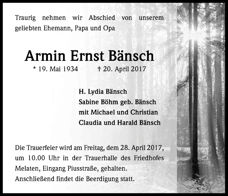  Traueranzeige für Armin Ernst Bänsch vom 26.04.2017 aus Kölner Stadt-Anzeiger / Kölnische Rundschau / Express