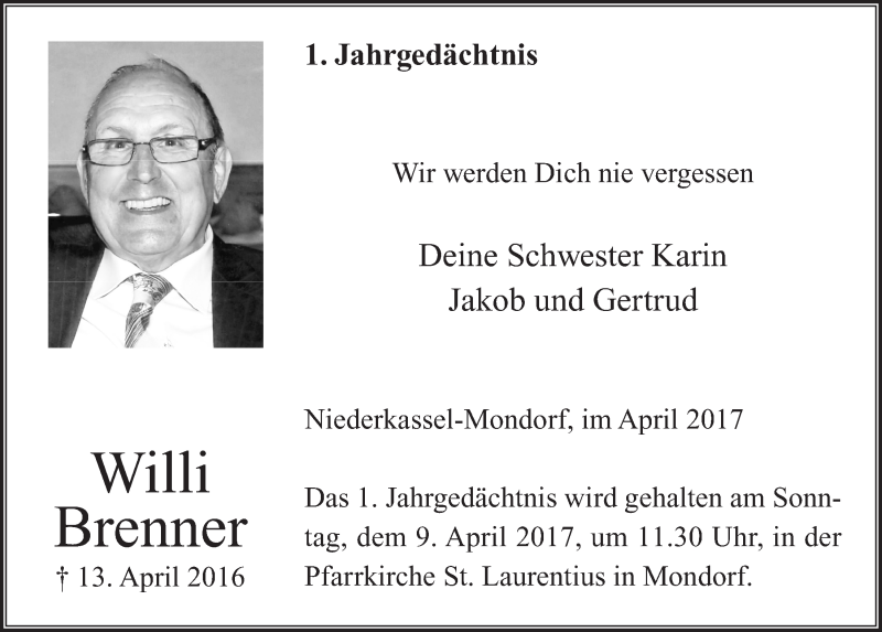  Traueranzeige für Willi Brenner vom 05.04.2017 aus  Extra Blatt 