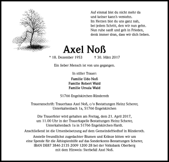 Anzeige von Axel Noß von Kölner Stadt-Anzeiger / Kölnische Rundschau / Express
