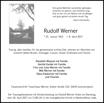 Anzeige von Rudolf Werner von Kölner Stadt-Anzeiger / Kölnische Rundschau / Express