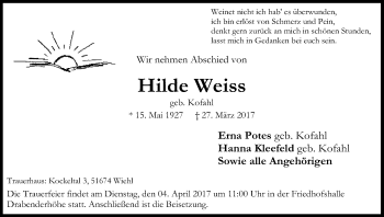 Anzeige von Hilde Weiss von Kölner Stadt-Anzeiger / Kölnische Rundschau / Express