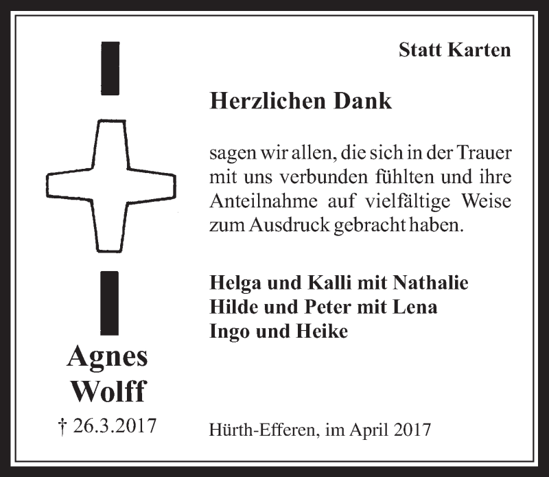  Traueranzeige für Agnes Wolff vom 19.04.2017 aus  Wochenende 