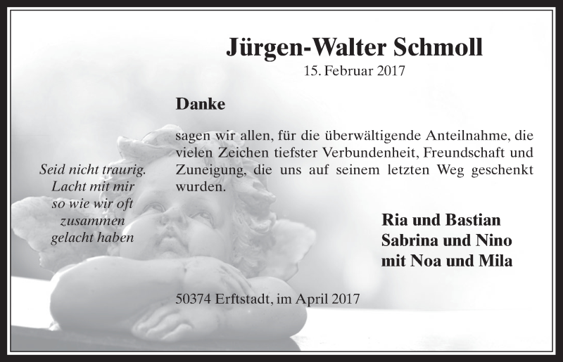  Traueranzeige für Jürgen-Walter Schmoll vom 05.04.2017 aus  Werbepost 