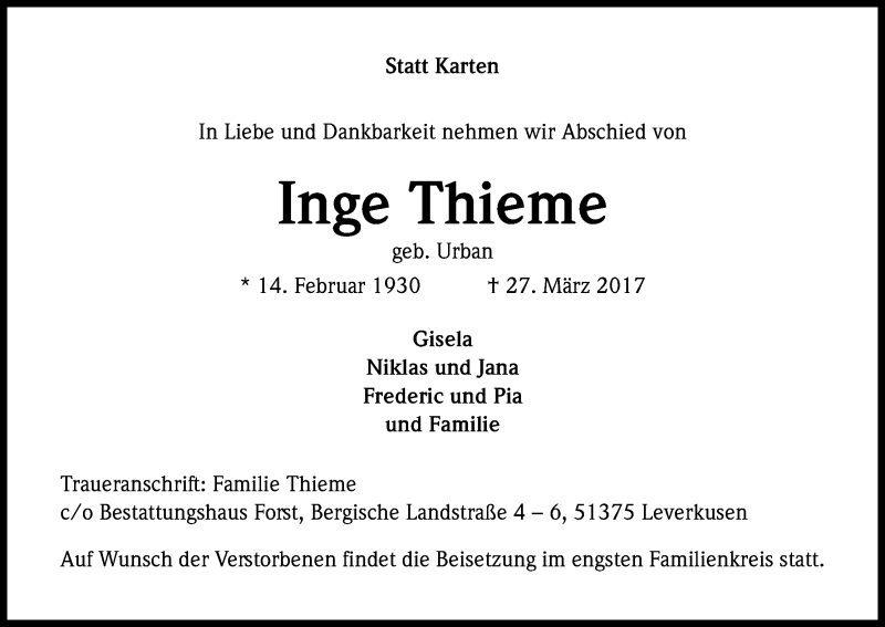  Traueranzeige für Inge Thieme vom 01.04.2017 aus Kölner Stadt-Anzeiger / Kölnische Rundschau / Express