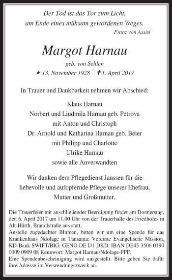 Anzeige von Margot Harnau von  Wochenende 