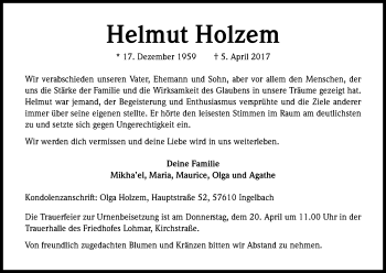 Anzeige von Helmut Holzern von Kölner Stadt-Anzeiger / Kölnische Rundschau / Express