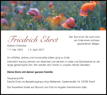 Anzeige von Friedrich Ehret von Kölner Stadt-Anzeiger / Kölnische Rundschau / Express
