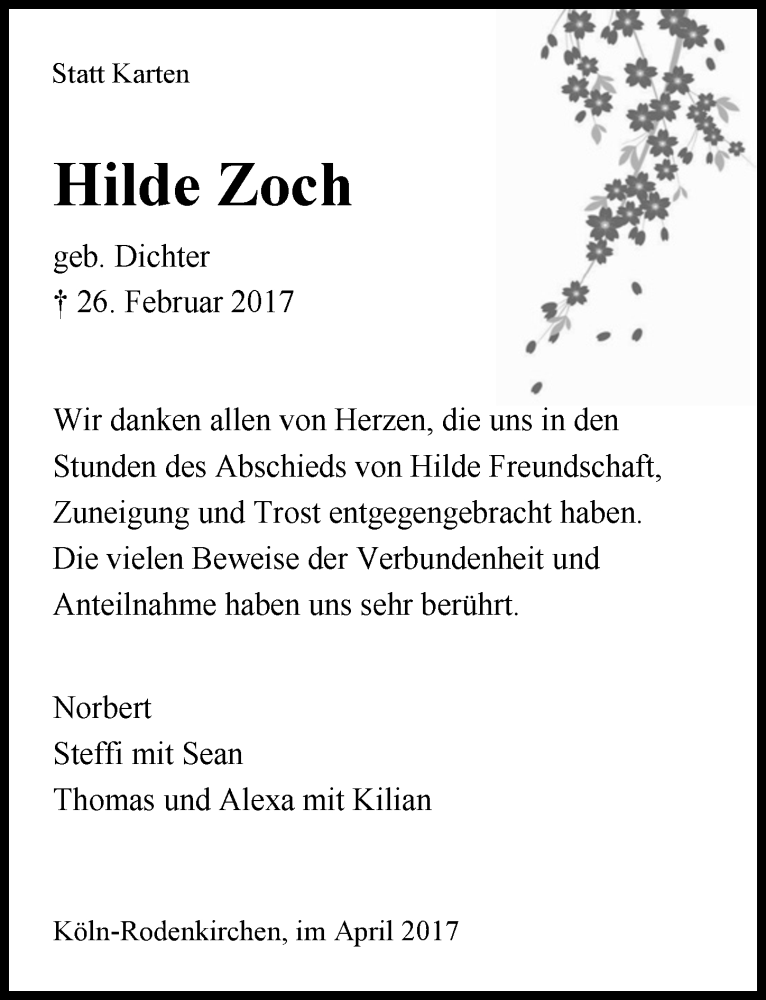  Traueranzeige für Hilde Zoch vom 19.04.2017 aus  Kölner Wochenspiegel 