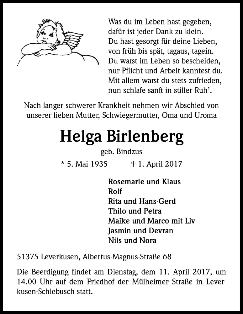 Traueranzeige für Helga Birlenberg vom 06.04.2017 aus Kölner Stadt-Anzeiger / Kölnische Rundschau / Express